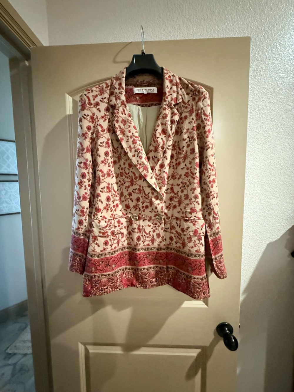 Free People Boho Floral Blazer Jacket Maroon Beige XS